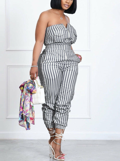 Casual Striped Jumpsuit Slim Zipper Front Tube Jumpsuit Overalls