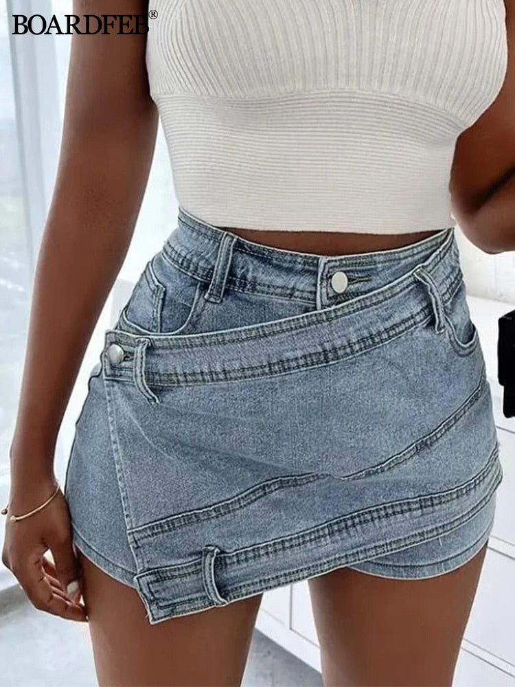 Women Denim Skirt 2023 Summer Fashion Irregular Blue High Waist Mini