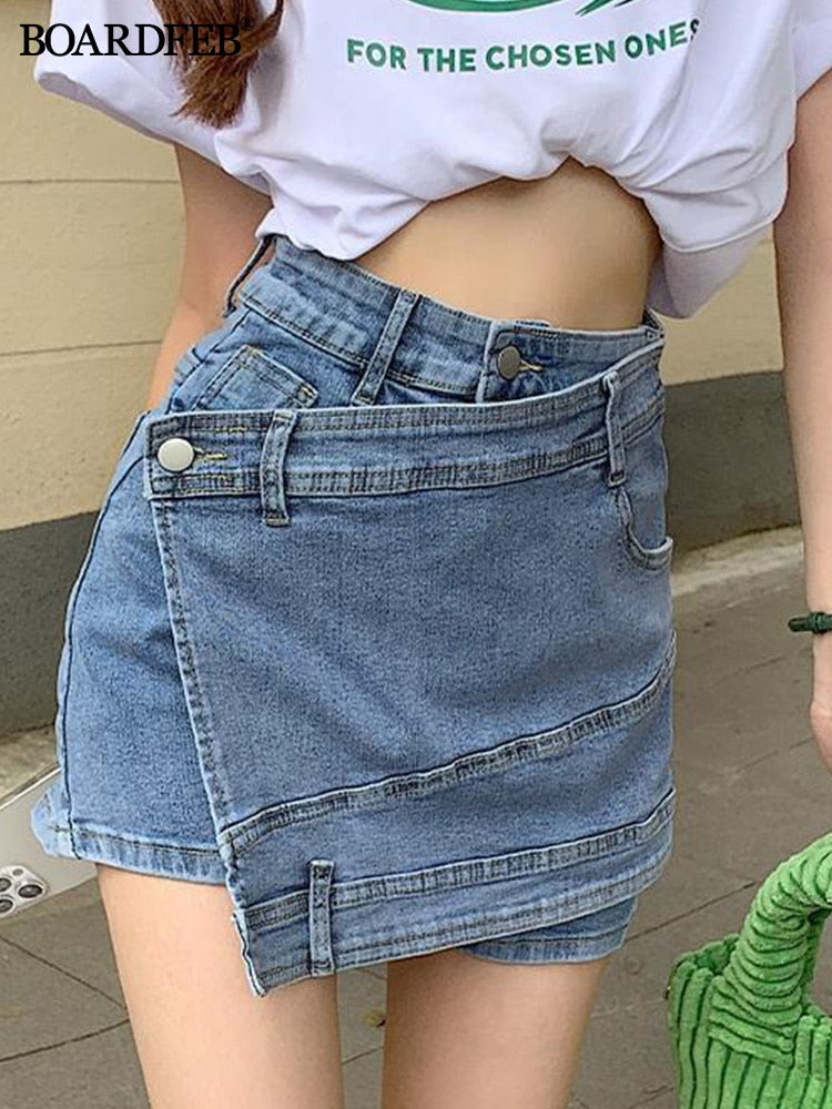 Women Denim Skirt 2023 Summer Fashion Irregular Blue High Waist Mini