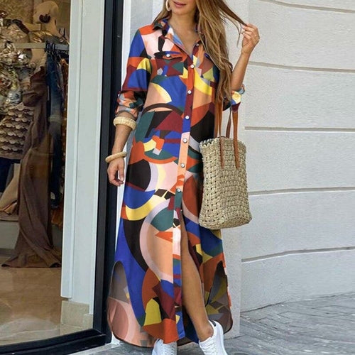 Women Elegant Print Buttoned Slit Shirt Dress