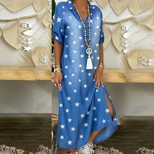 Women Elegant Print Buttoned Slit Shirt Dress