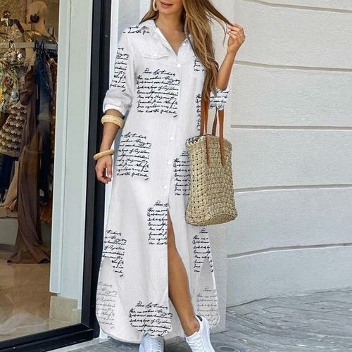 Women Elegant Print Buttoned Slit Shirt Dress