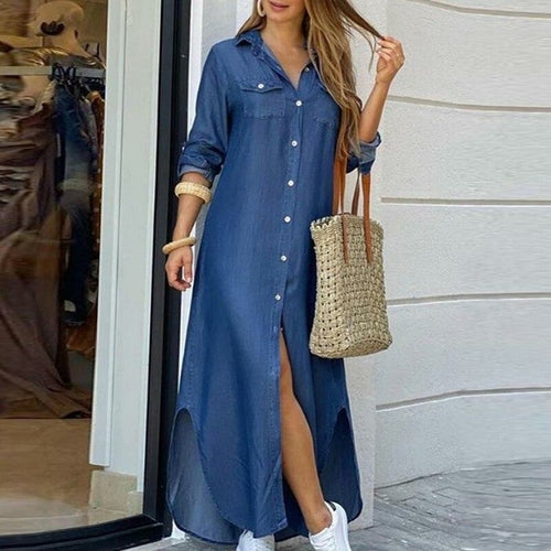 Women Elegant Print Buttoned Slit Shirt Dress