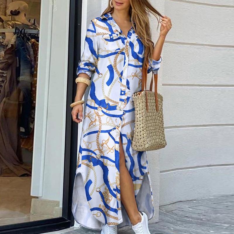 Women Elegant Print Buttoned Slit Shirt Dress