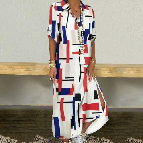 Women Elegant Print Buttoned Slit Shirt Dress