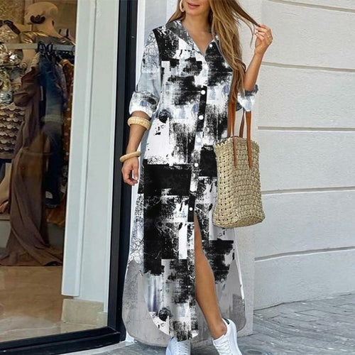 Women Elegant Print Buttoned Slit Shirt Dress