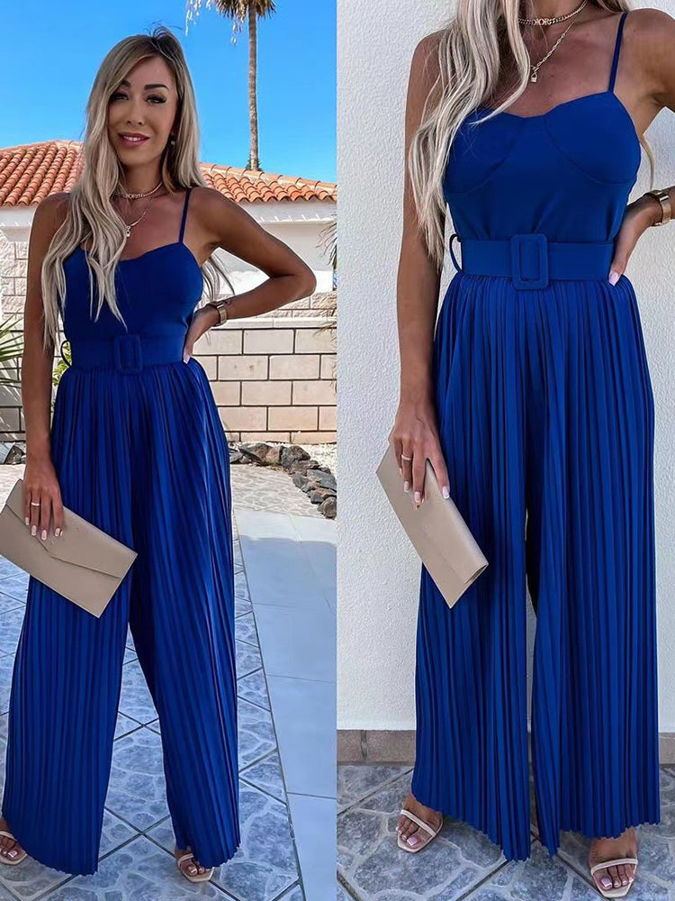 Solid Pleated Jumpsuit Loose Wide Leg Beach Romper Overall