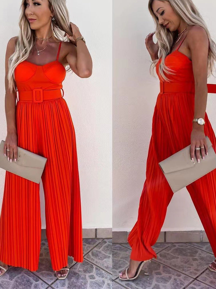 Solid Pleated Jumpsuit Loose Wide Leg Beach Romper Overall