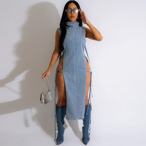 Women Turtleneck Sleeveless Casual Midi Dress Sexy Side High Slit