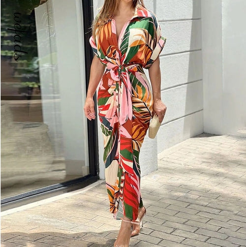 Women Vintage Printed Maxi Dress Summer Casual Button Lace Up Short