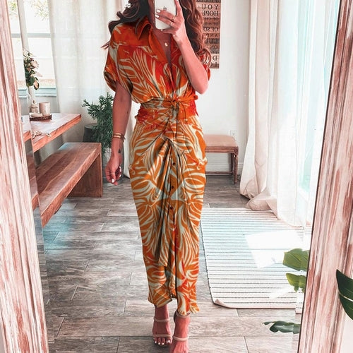 Women Vintage Printed Maxi Dress Summer Casual Button Lace Up Short