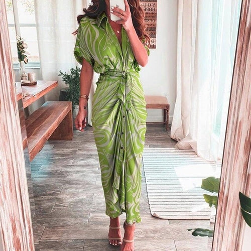 Women Vintage Printed Maxi Dress Summer Casual Button Lace Up Short