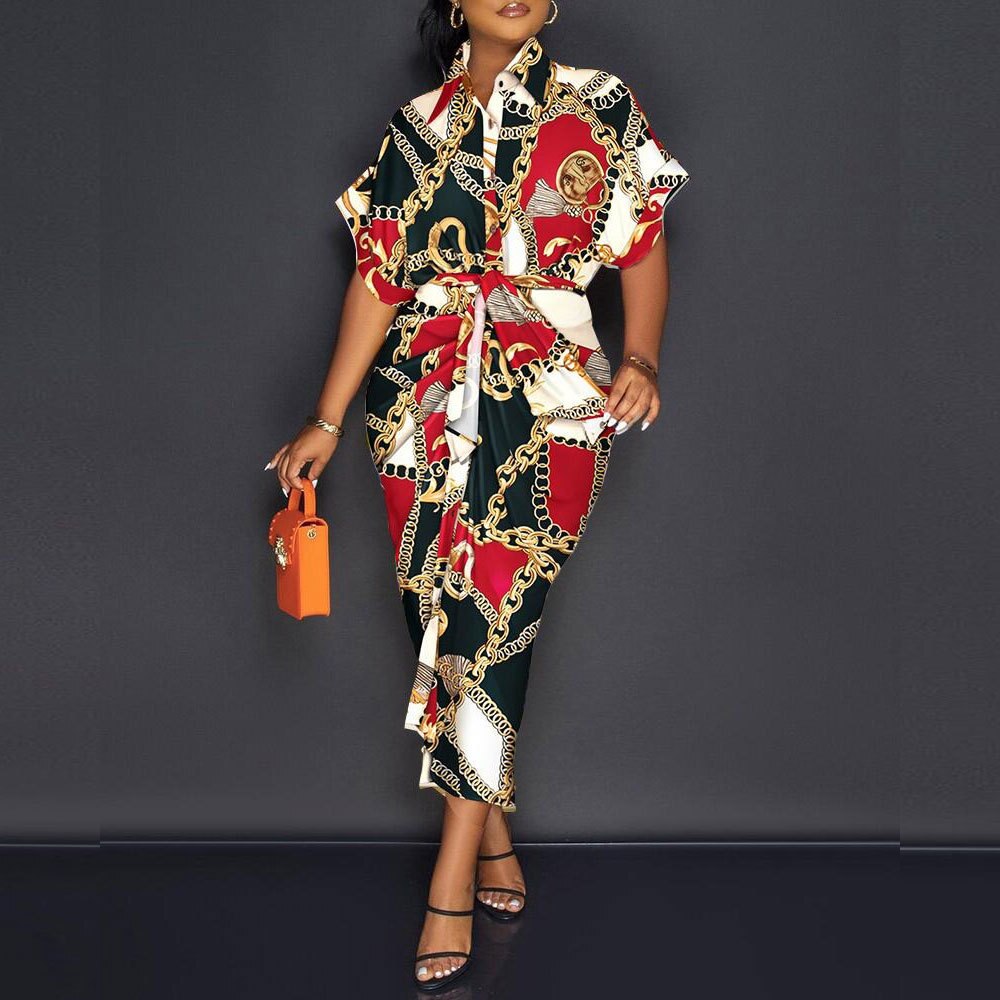 Women Vintage Printed Maxi Dress Summer Casual Button Lace Up Short