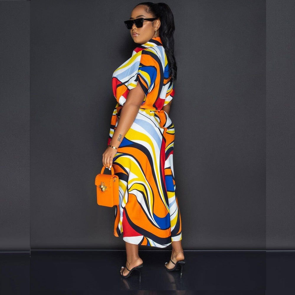 Women Vintage Printed Maxi Dress Summer Casual Button Lace Up Short