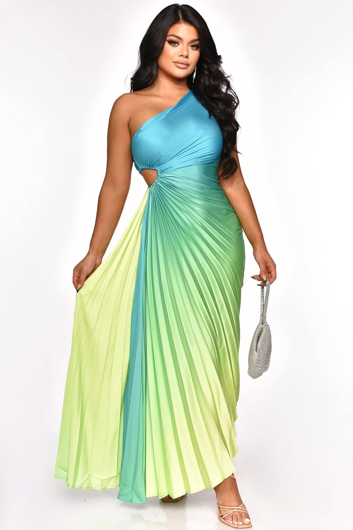 Women's Gradient One Shoulder Off Sleeveless Pleated Midi Dress Sexy