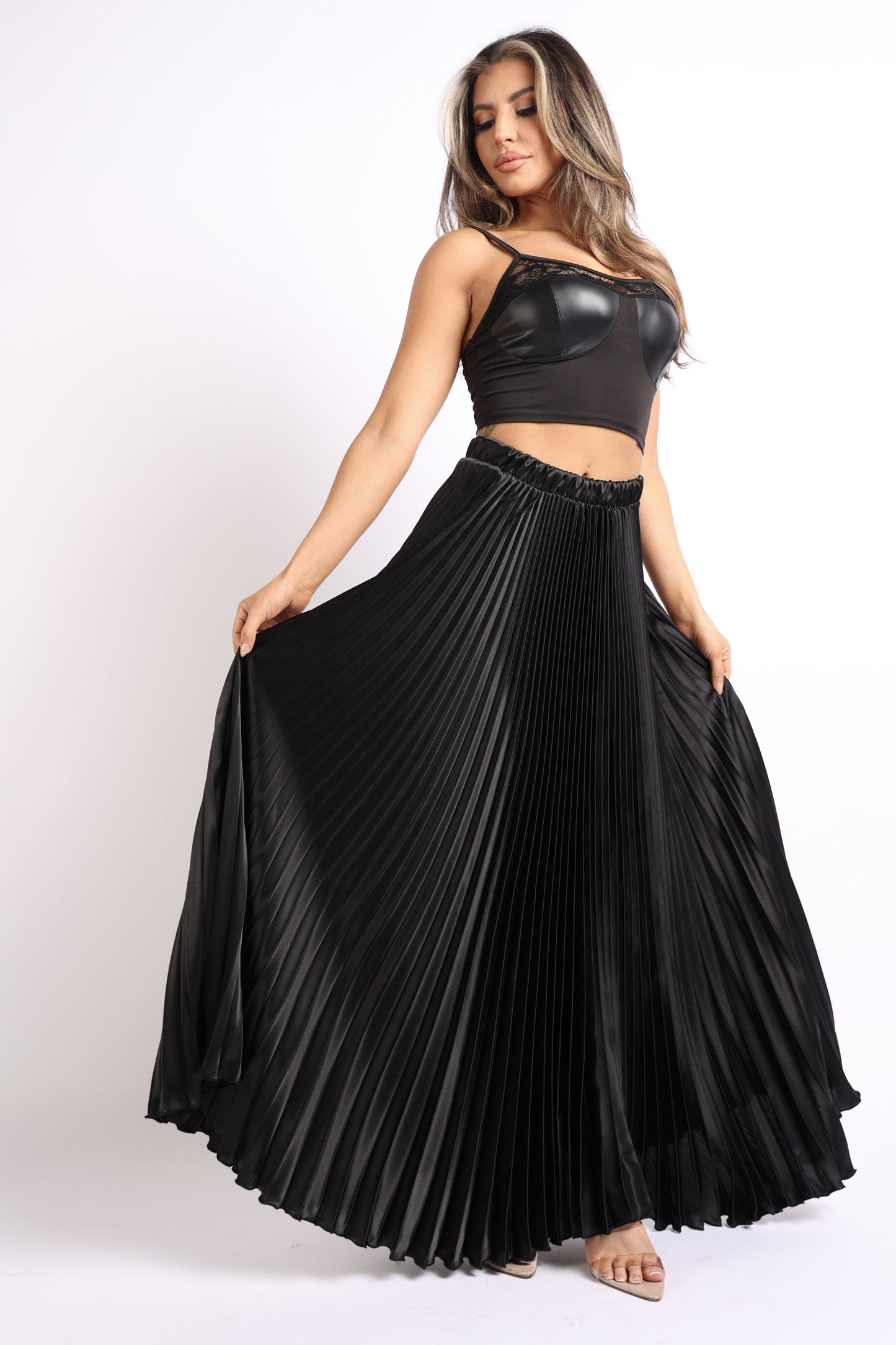 Elastic High Waist A-Line Pleated Satin Maxi Skirt BLACK